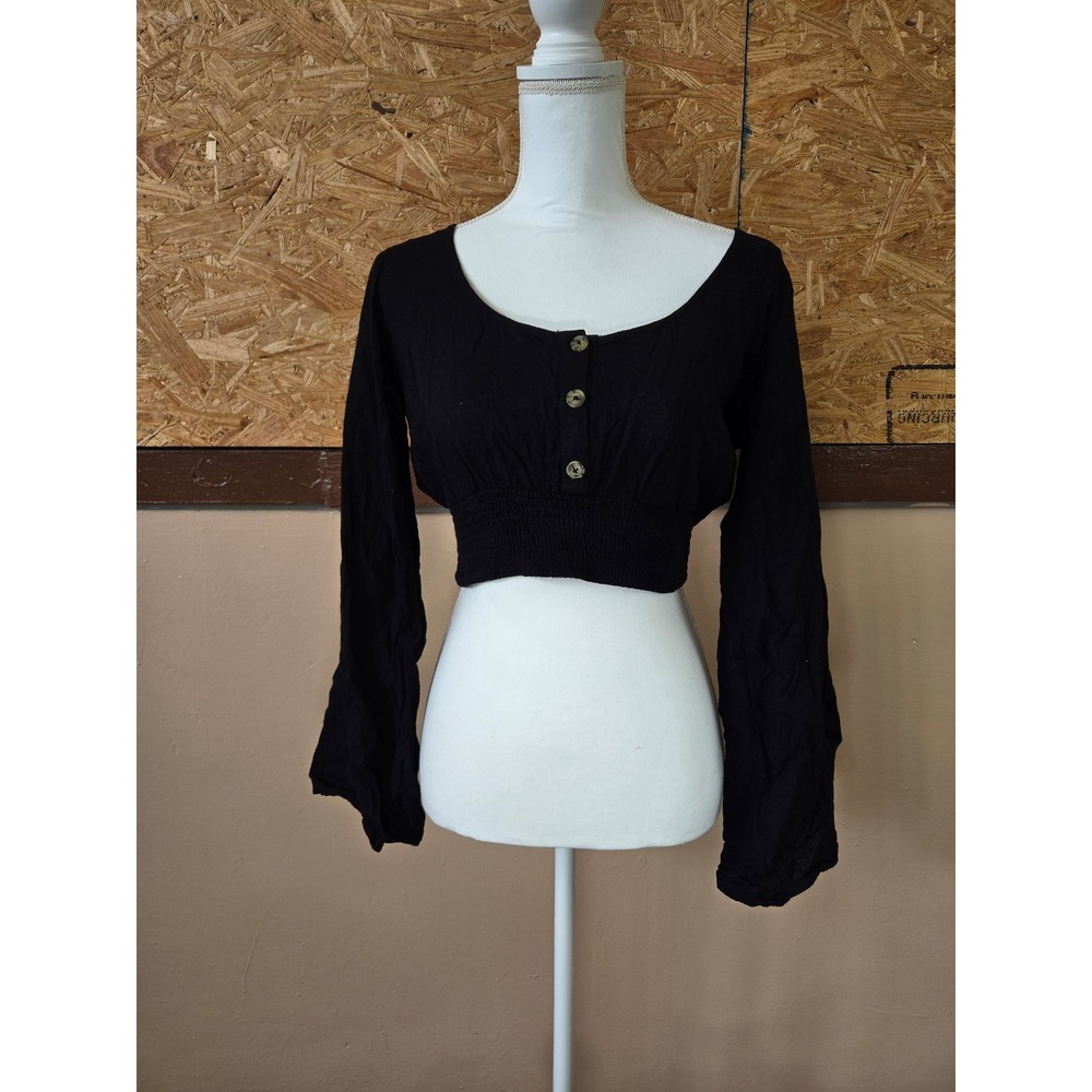 Rip Curl Womens Black Linen Blend Smocked Waist Long Sleeve Crop Top GSHGT1 M